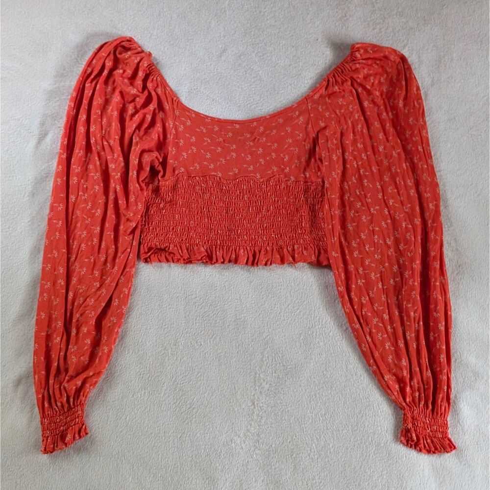 Floral Cropped Long Puff Sleeve Blouse Women's Medium Coral Orange Ditsy Print - Picture 3 of 7